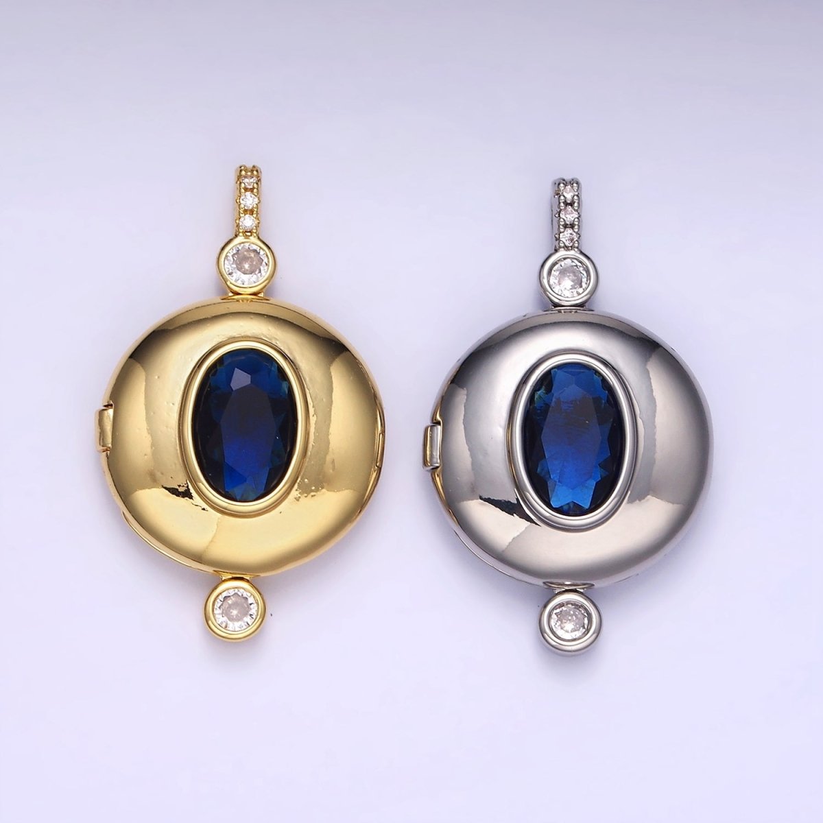 14K Gold plated Blue CZ Oval Round Locket Micro Paved Bail Pendant in Gold & Silver | AH141 - DLUXCA