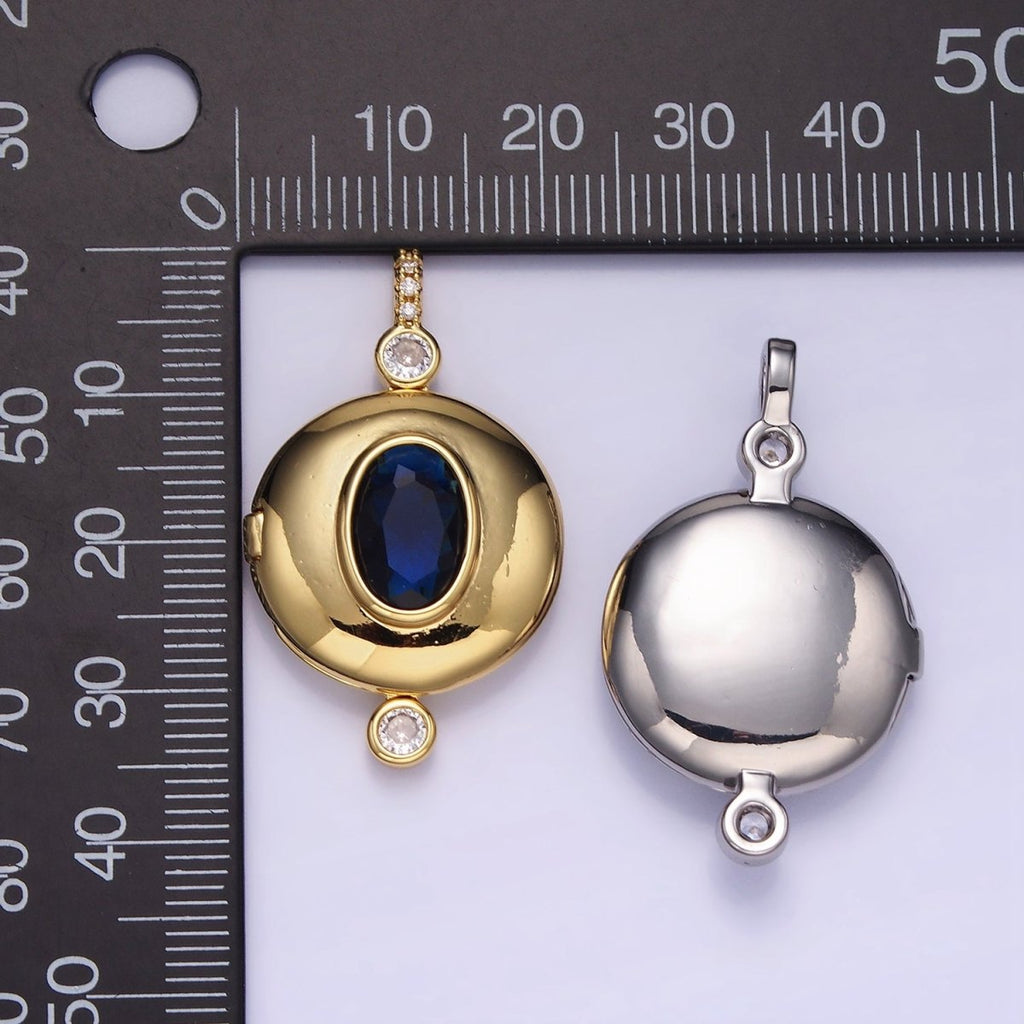 14K Gold plated Blue CZ Oval Round Locket Micro Paved Bail Pendant in Gold & Silver | AH141 - DLUXCA