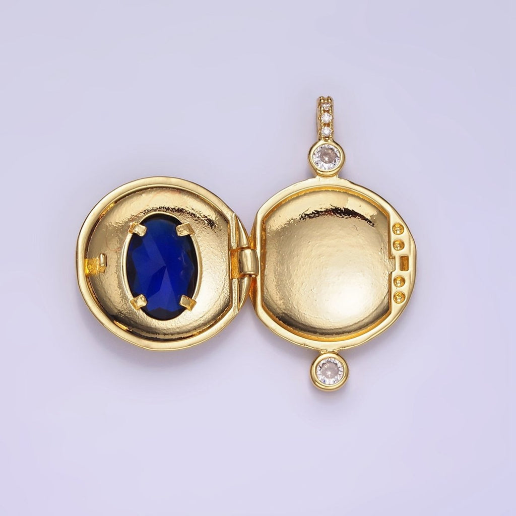 14K Gold plated Blue CZ Oval Round Locket Micro Paved Bail Pendant in Gold & Silver | AH141 - DLUXCA