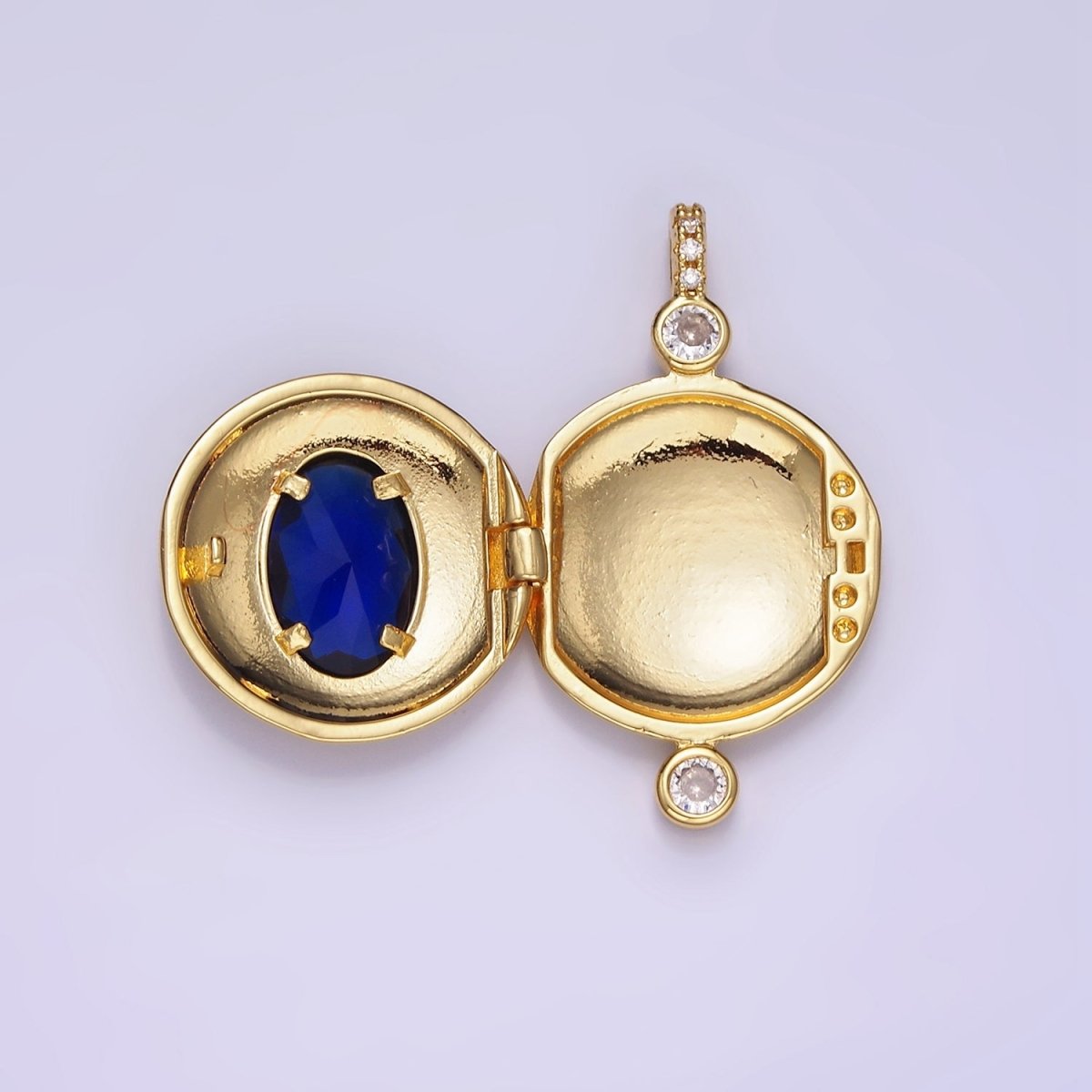 14K Gold plated Blue CZ Oval Round Locket Micro Paved Bail Pendant in Gold & Silver | AH141 - DLUXCA