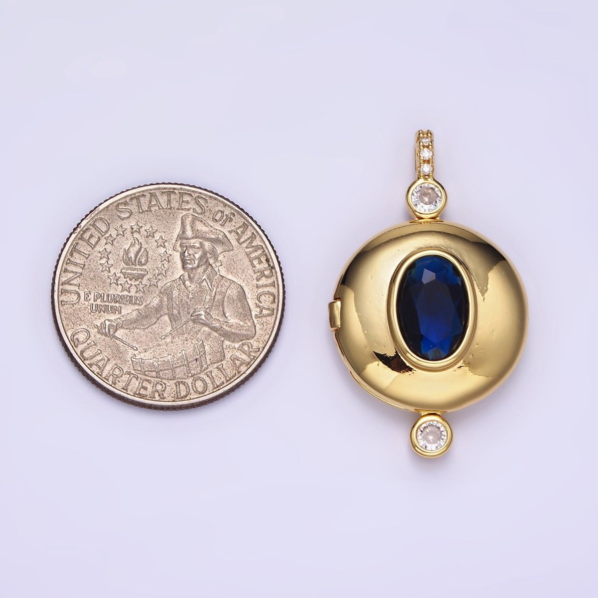 14K Gold plated Blue CZ Oval Round Locket Micro Paved Bail Pendant in Gold & Silver | AH141 - DLUXCA