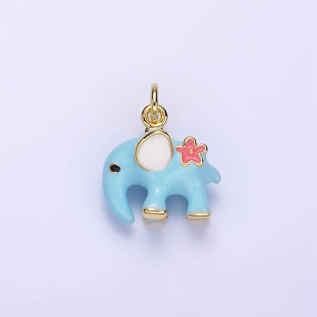 14K Gold plated Blue Elephant Flower Enamel Animal Charm | C597 - DLUXCA