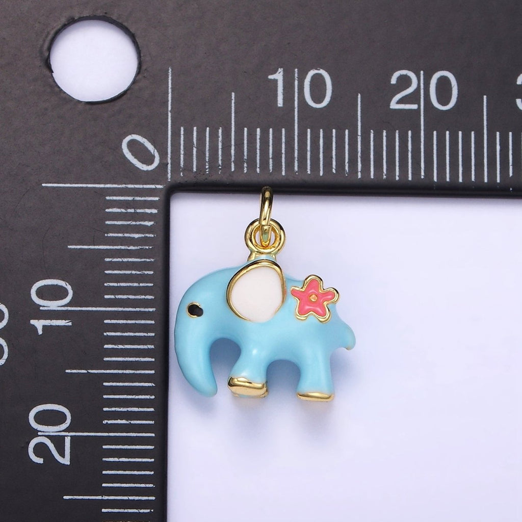 14K Gold plated Blue Elephant Flower Enamel Animal Charm | C597 - DLUXCA
