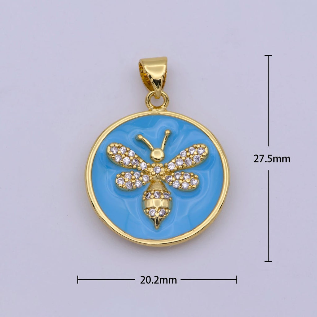14K Gold plated Blue Enamel Bumble Queen Bee Micro Paved CZ Round Pendant | N-1432 - DLUXCA