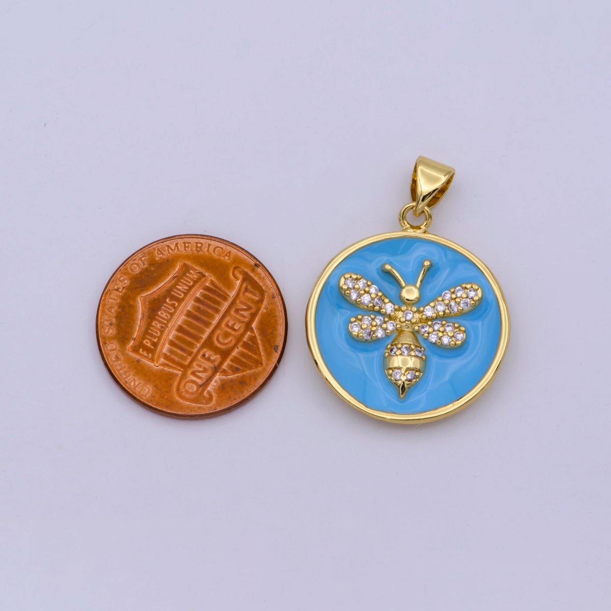 14K Gold plated Blue Enamel Bumble Queen Bee Micro Paved CZ Round Pendant | N-1432 - DLUXCA