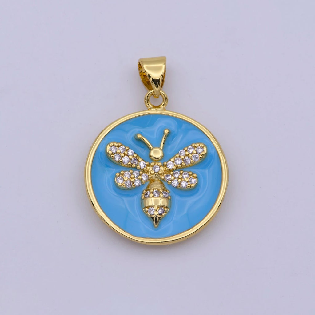 14K Gold plated Blue Enamel Bumble Queen Bee Micro Paved CZ Round Pendant | N-1432 - DLUXCA