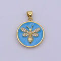 14K Gold plated Blue Enamel Bumble Queen Bee Micro Paved CZ Round Pendant | N-1432 - DLUXCA