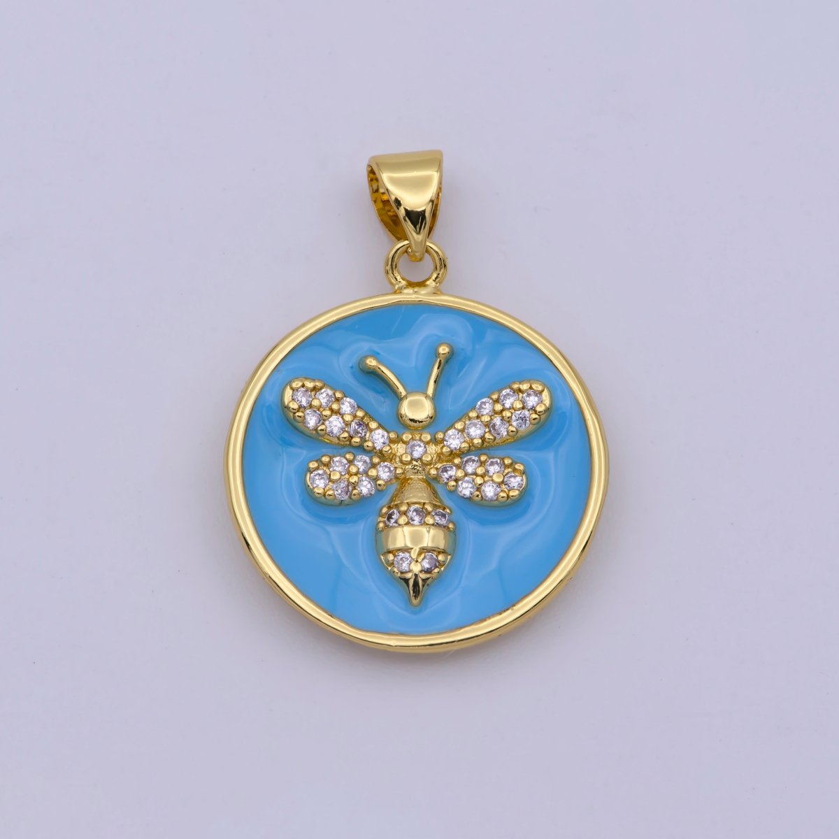 14K Gold plated Blue Enamel Bumble Queen Bee Micro Paved CZ Round Pendant | N-1432 - DLUXCA