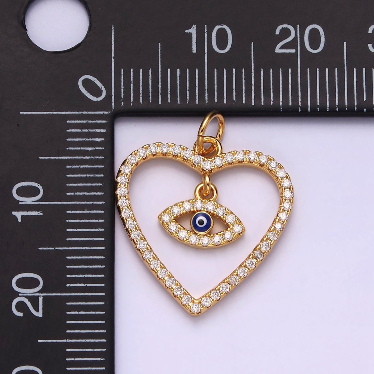 14K Gold plated Blue Enamel Evil Eye Drop Open Heart Micro Paved CZ Charm | AC1411 - DLUXCA
