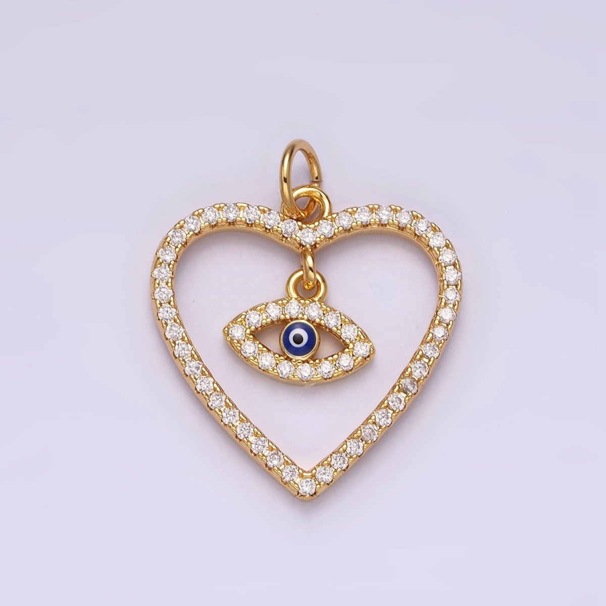 14K Gold plated Blue Enamel Evil Eye Drop Open Heart Micro Paved CZ Charm | AC1411 - DLUXCA