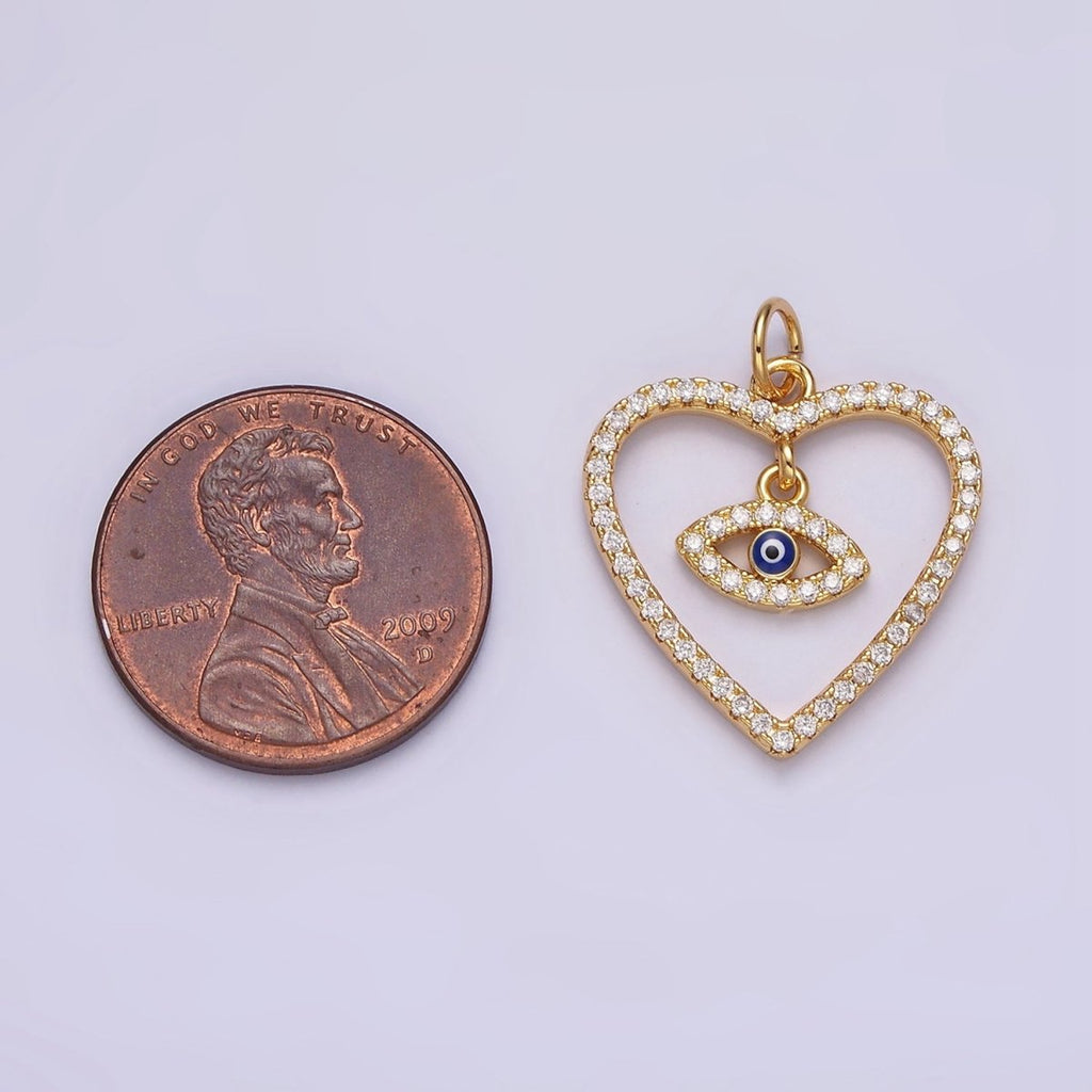 14K Gold plated Blue Enamel Evil Eye Drop Open Heart Micro Paved CZ Charm | AC1411 - DLUXCA