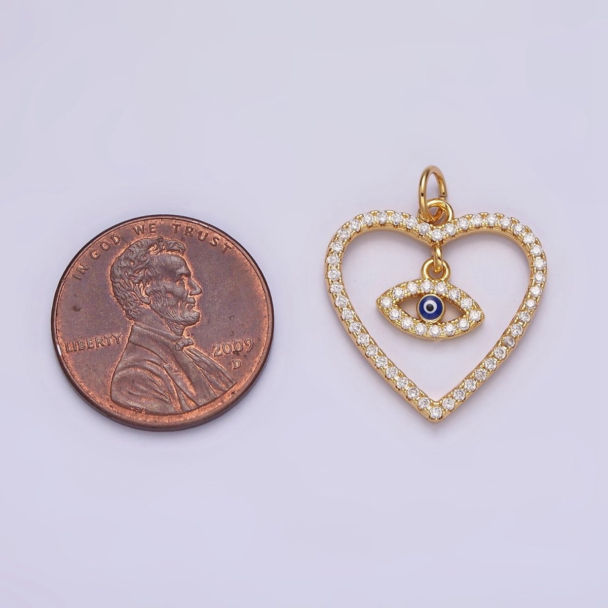 14K Gold plated Blue Enamel Evil Eye Drop Open Heart Micro Paved CZ Charm | AC1411 - DLUXCA