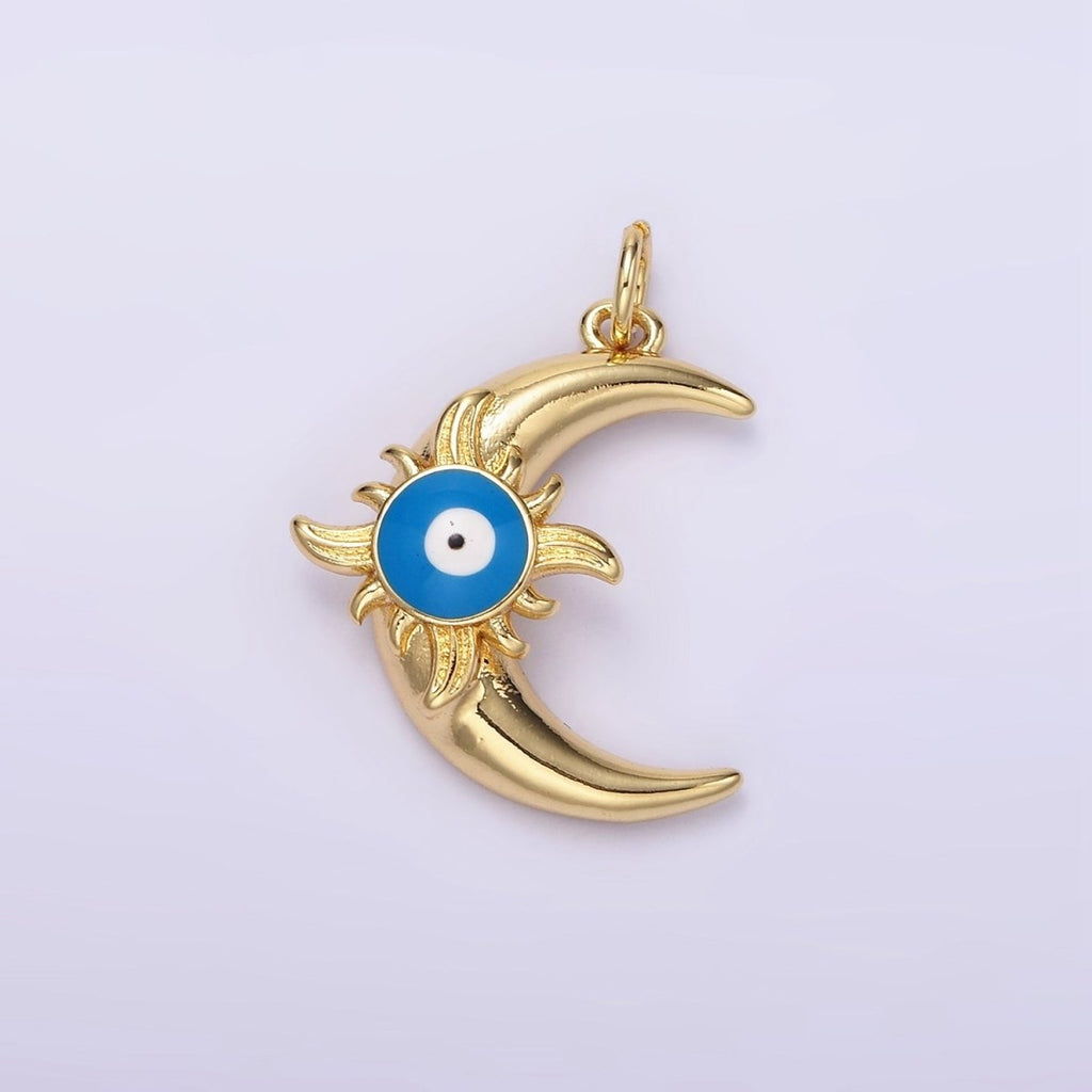 14K Gold plated Blue Evil Eye Enamel Celestial Sun Crescent Moon Charm in Gold & Silver | N1169 N1170