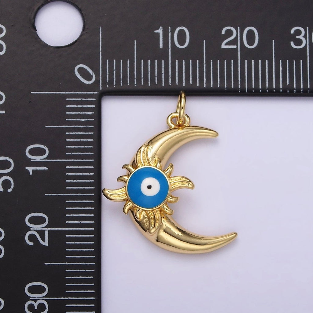 14K Gold plated Blue Evil Eye Enamel Celestial Sun Crescent Moon Charm in Gold & Silver | N1169 N1170
