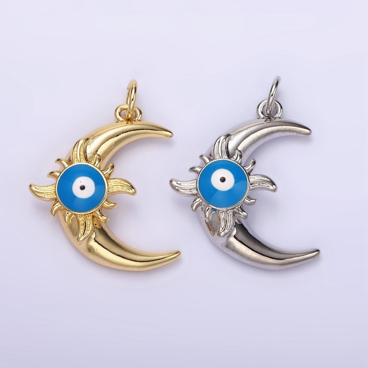 14K Gold plated Blue Evil Eye Enamel Celestial Sun Crescent Moon Charm in Gold & Silver | N1169 N1170