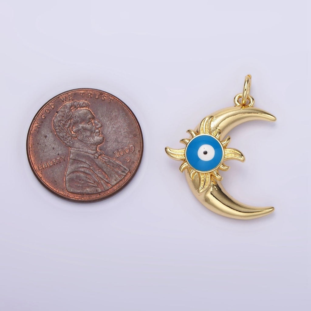 14K Gold plated Blue Evil Eye Enamel Celestial Sun Crescent Moon Charm in Gold & Silver | N1169 N1170