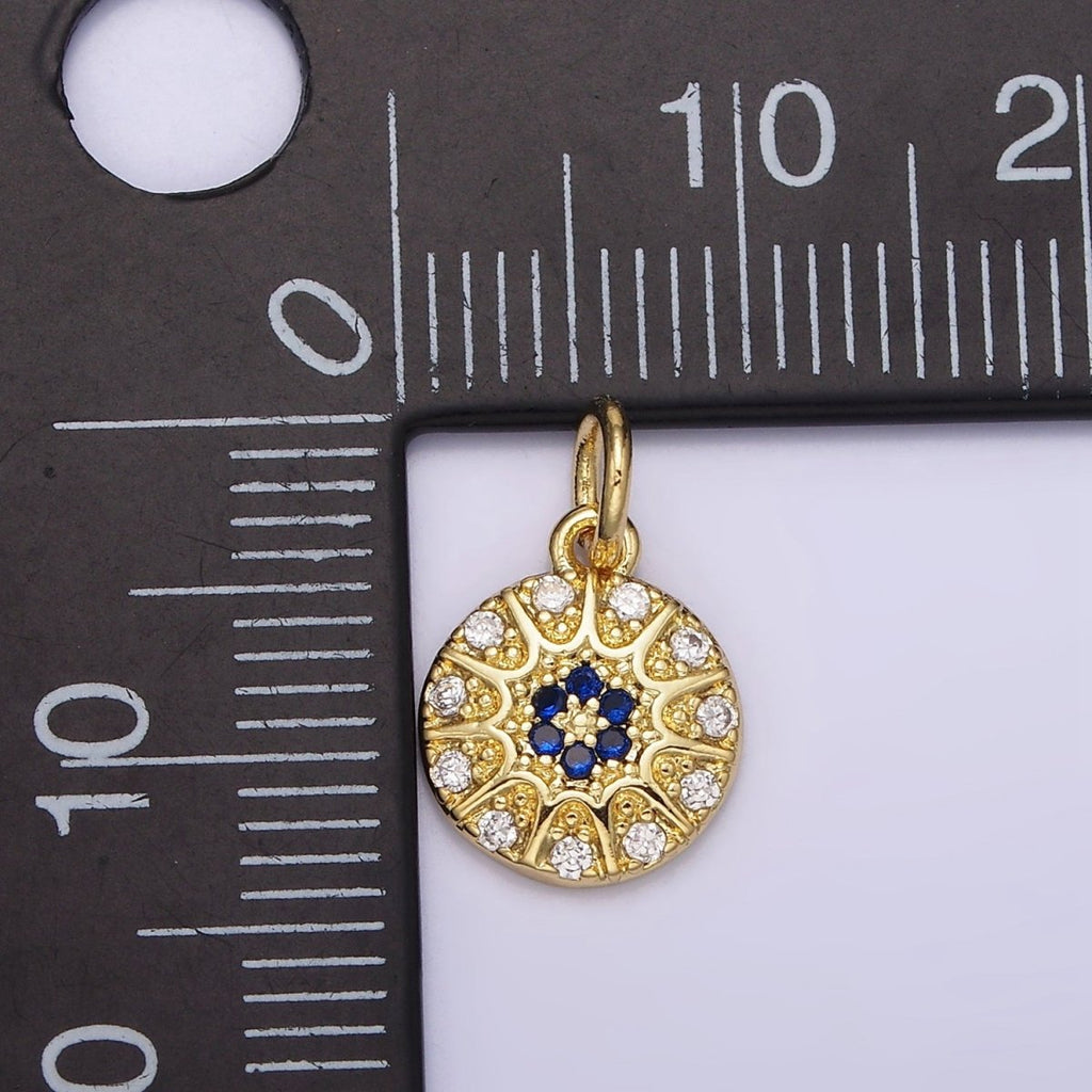 14K Gold plated Blue Evil Eye Sunburst CZ Dotted Round Add-On Charm | N981 - DLUXCA