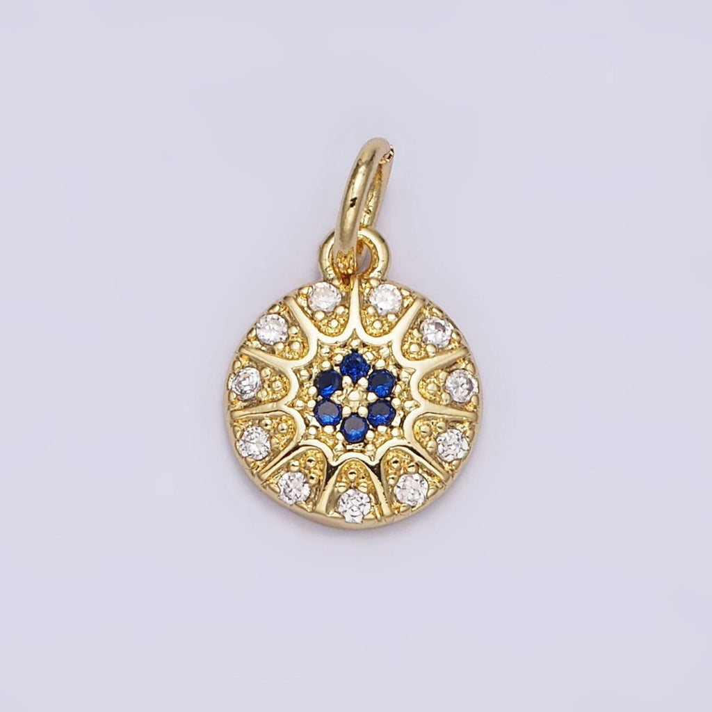 14K Gold plated Blue Evil Eye Sunburst CZ Dotted Round Add-On Charm | N981 - DLUXCA