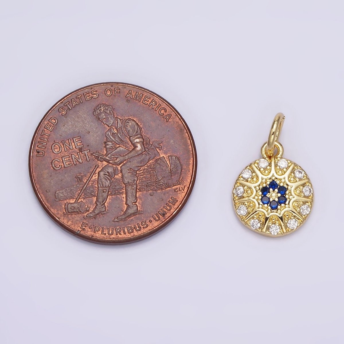 14K Gold plated Blue Evil Eye Sunburst CZ Dotted Round Add-On Charm | N981 - DLUXCA