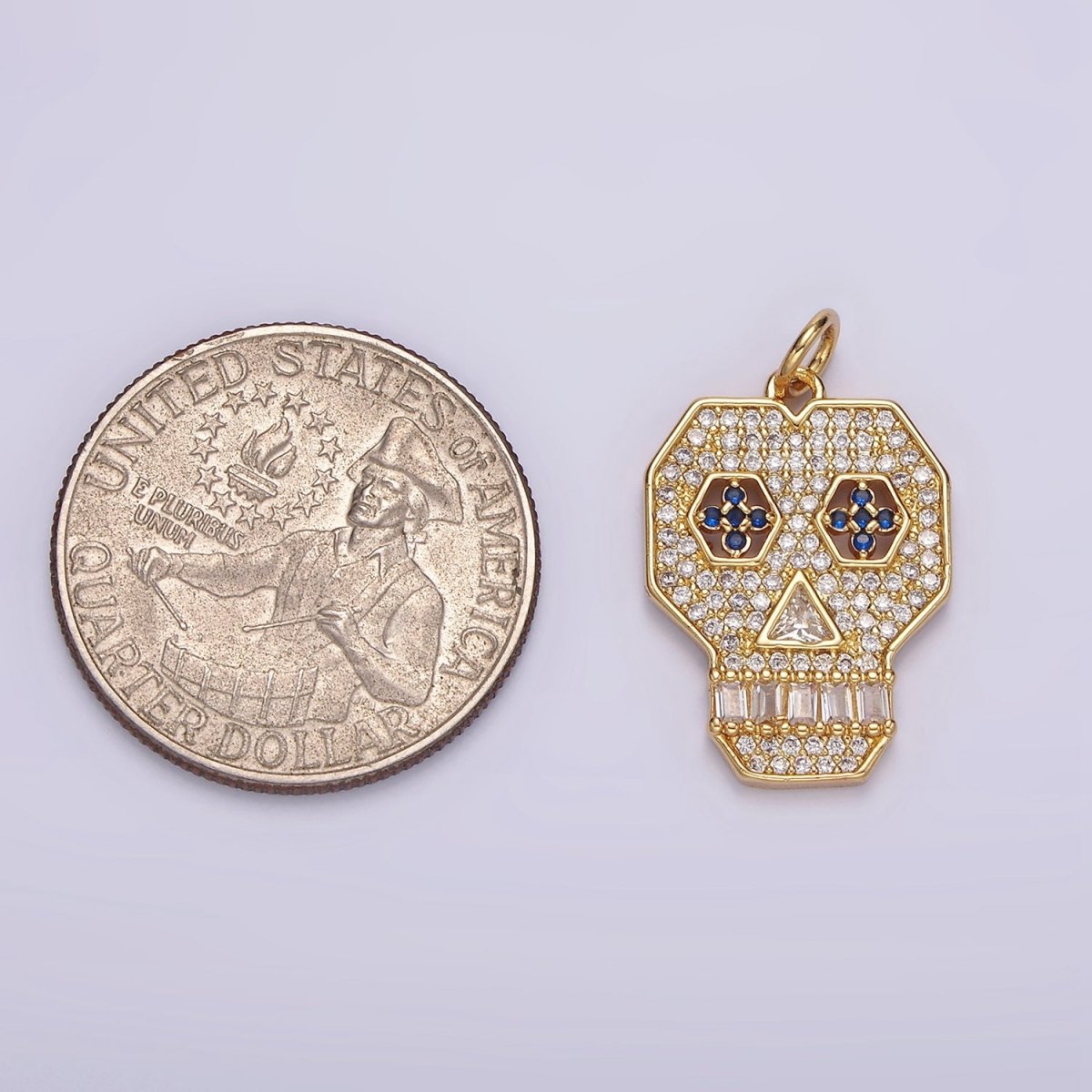 14K Gold plated Blue-Eyed Skeleton Skull Clear Micro Paved CZ Charm | N1536 - DLUXCA