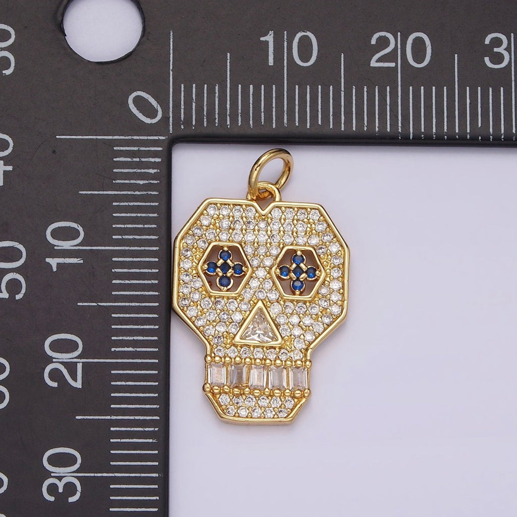 14K Gold plated Blue-Eyed Skeleton Skull Clear Micro Paved CZ Charm | N1536 - DLUXCA