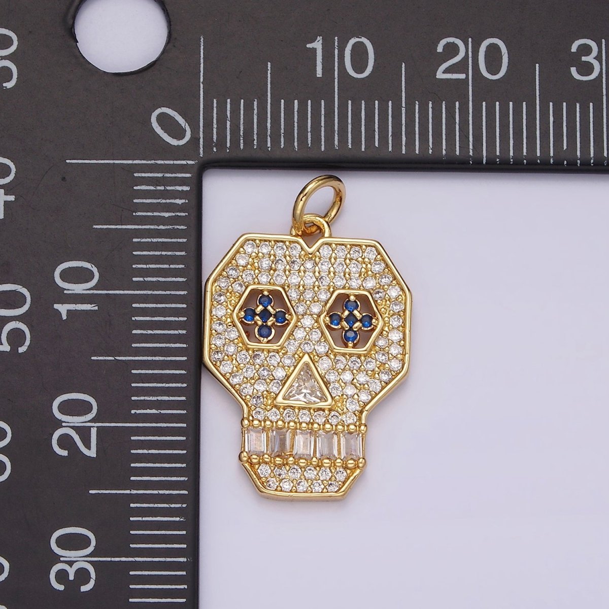 14K Gold plated Blue-Eyed Skeleton Skull Clear Micro Paved CZ Charm | N1536 - DLUXCA