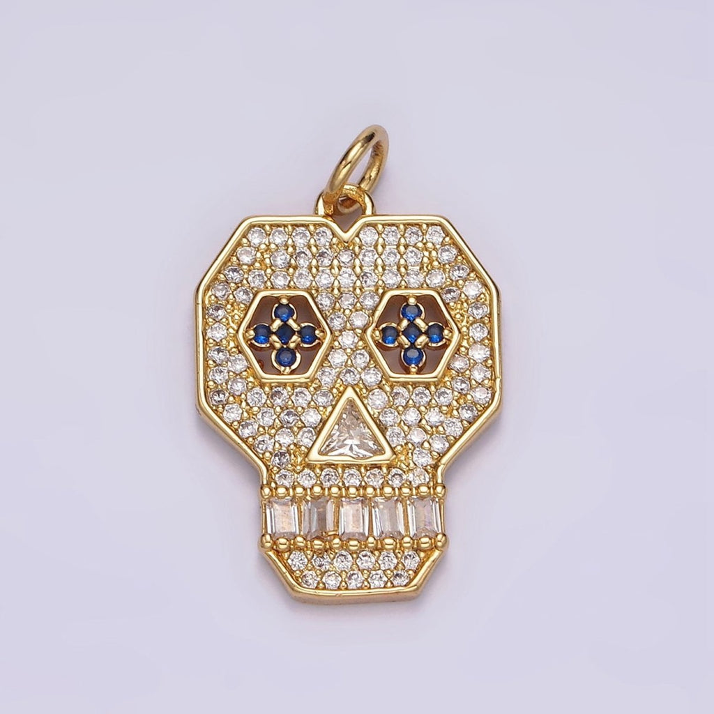 14K Gold plated Blue-Eyed Skeleton Skull Clear Micro Paved CZ Charm | N1536 - DLUXCA