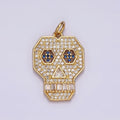 14K Gold plated Blue-Eyed Skeleton Skull Clear Micro Paved CZ Charm | N1536 - DLUXCA