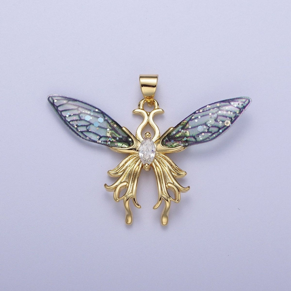 14K Gold plated Blue / Fuchsia Fairy Butterfly Swallowtail Wings Marquise Cubic Zirconia Pendant H-529 H-541