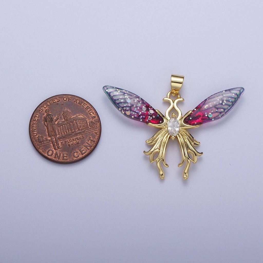 14K Gold plated Blue / Fuchsia Fairy Butterfly Swallowtail Wings Marquise Cubic Zirconia Pendant H-529 H-541