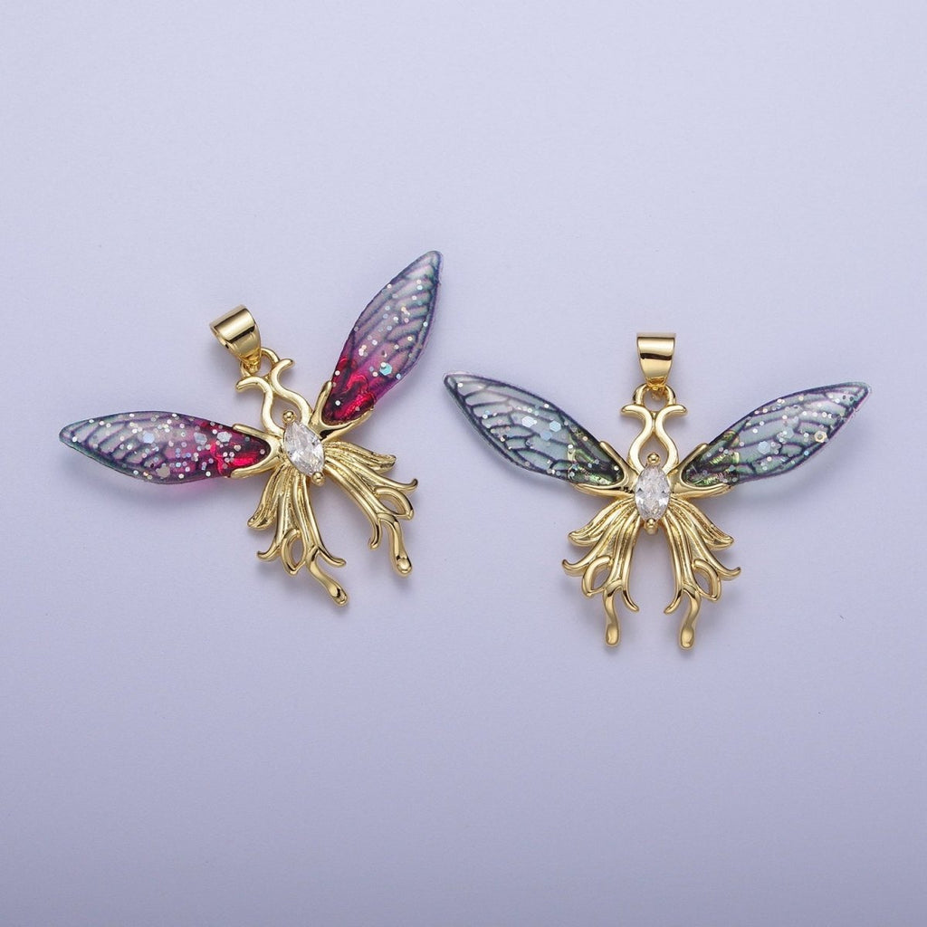 14K Gold plated Blue / Fuchsia Fairy Butterfly Swallowtail Wings Marquise Cubic Zirconia Pendant H-529 H-541