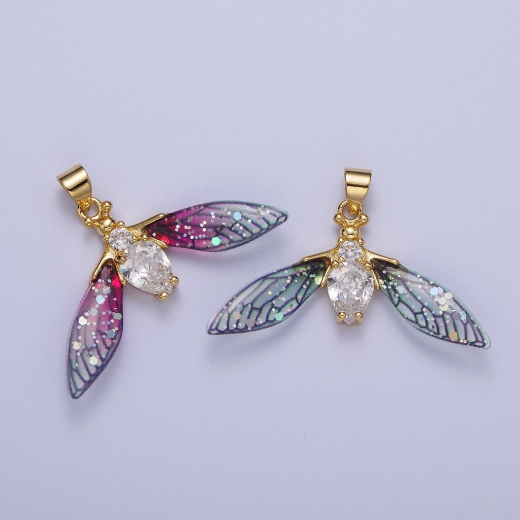 14K Gold plated Blue / Fuchsia Fairy Wasps Cubic Zirconia Insect Pendant For Jewelry Making  H-512 H-520