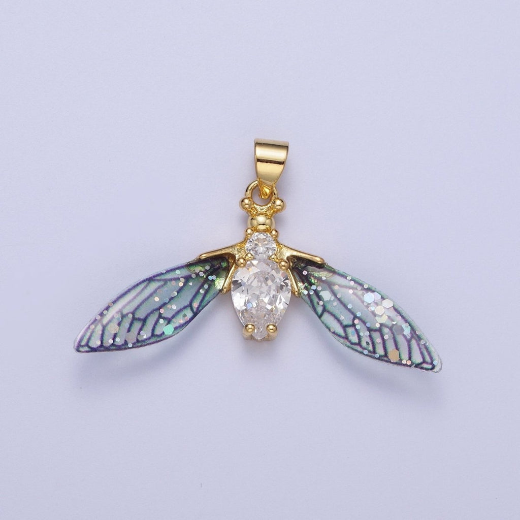 14K Gold plated Blue / Fuchsia Fairy Wasps Cubic Zirconia Insect Pendant For Jewelry Making  H-512 H-520