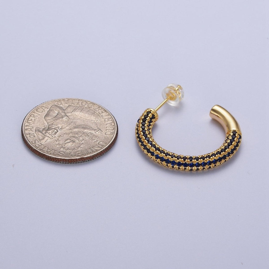 14K Gold plated Blue Micro Paved CZ C Shaped Hoop Studs | Y-106 - DLUXCA