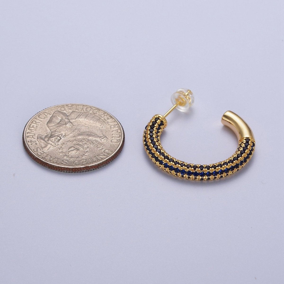 14K Gold plated Blue Micro Paved CZ C Shaped Hoop Studs | Y-106 - DLUXCA