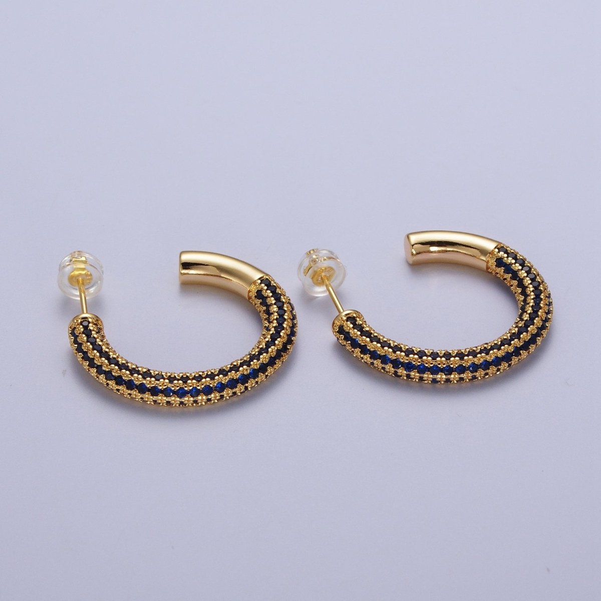 14K Gold plated Blue Micro Paved CZ C Shaped Hoop Studs | Y-106 - DLUXCA