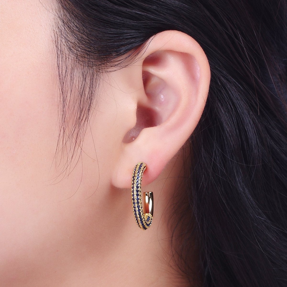 14K Gold plated Blue Micro Paved CZ C Shaped Hoop Studs | Y-106 - DLUXCA
