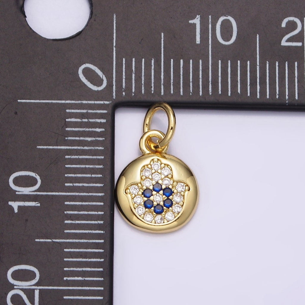 14K Gold plated Blue Micro Paved CZ Evil Eye Hamsa Hand Round Add-On Charm | N983 - DLUXCA