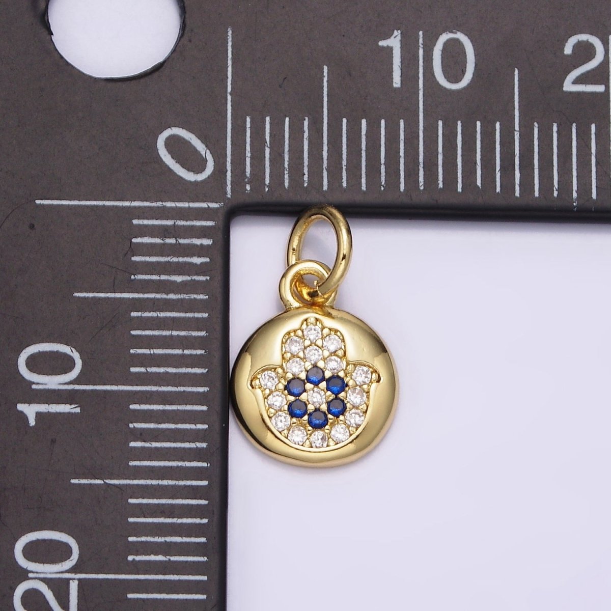 14K Gold plated Blue Micro Paved CZ Evil Eye Hamsa Hand Round Add-On Charm | N983 - DLUXCA
