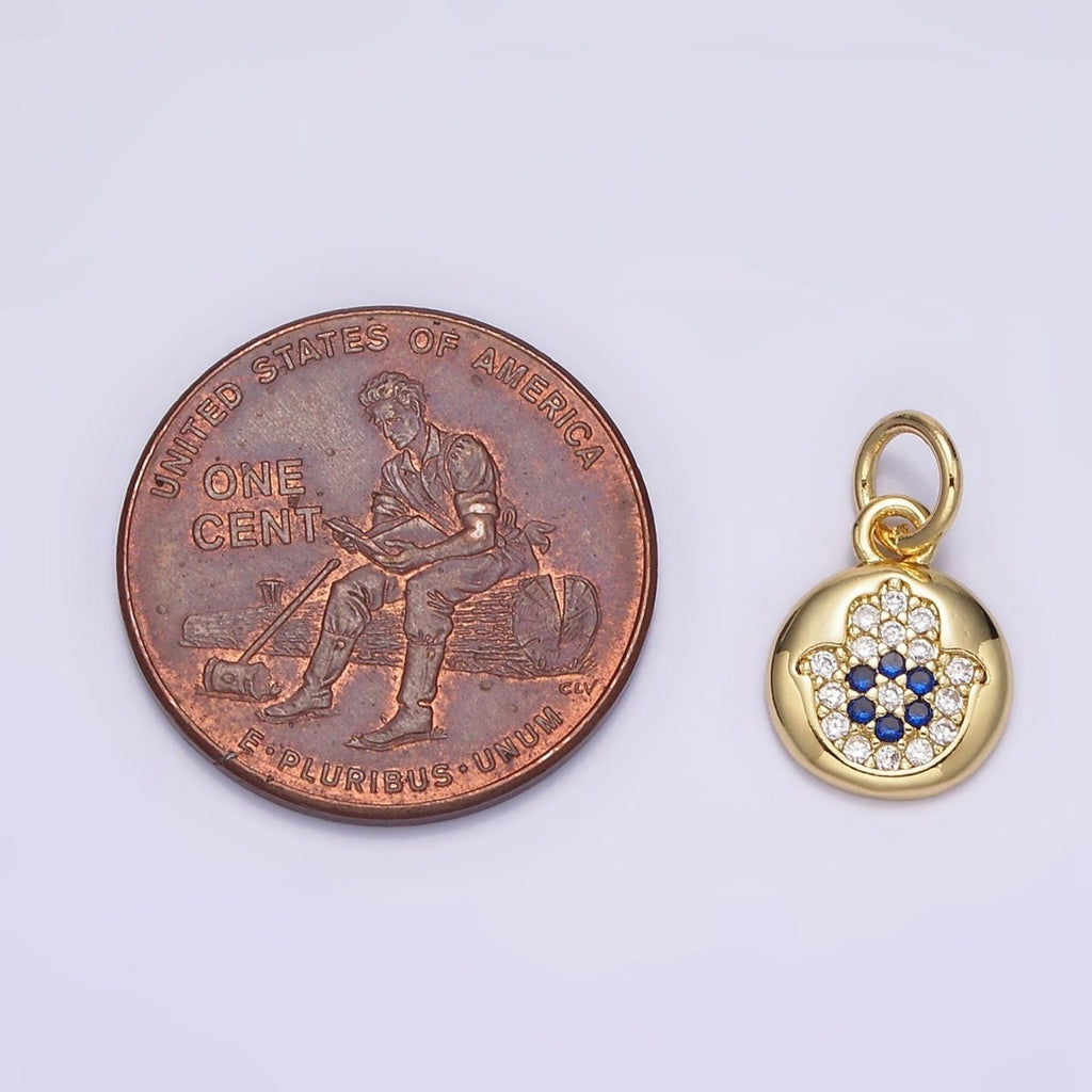 14K Gold plated Blue Micro Paved CZ Evil Eye Hamsa Hand Round Add-On Charm | N983 - DLUXCA