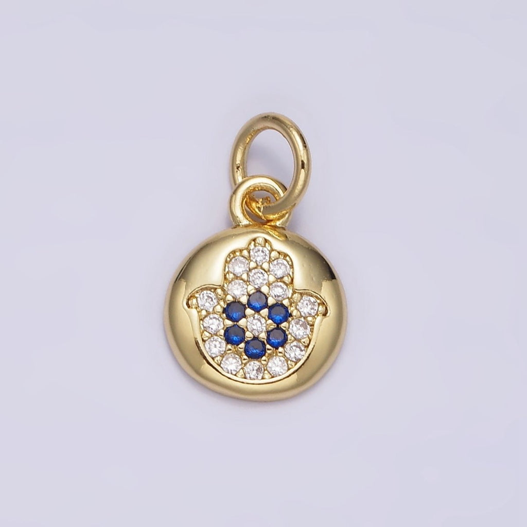 14K Gold plated Blue Micro Paved CZ Evil Eye Hamsa Hand Round Add-On Charm | N983 - DLUXCA