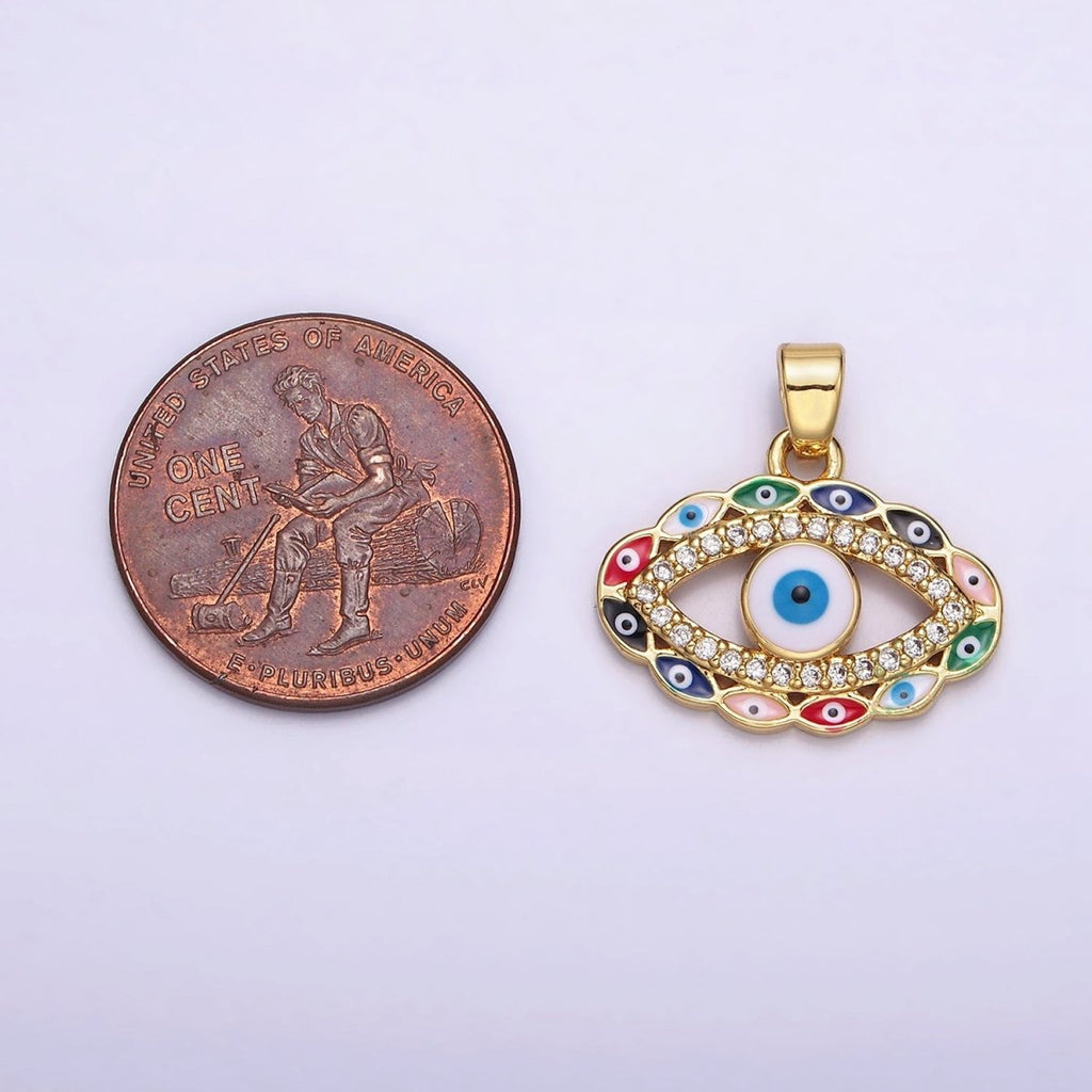 14K Gold plated Blue, Multicolor Evil Eye Open Micro Paved CZ Pendant | N1313 - DLUXCA