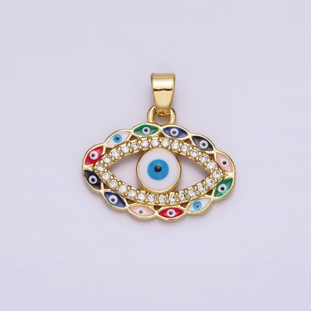 14K Gold plated Blue, Multicolor Evil Eye Open Micro Paved CZ Pendant | N1313 - DLUXCA
