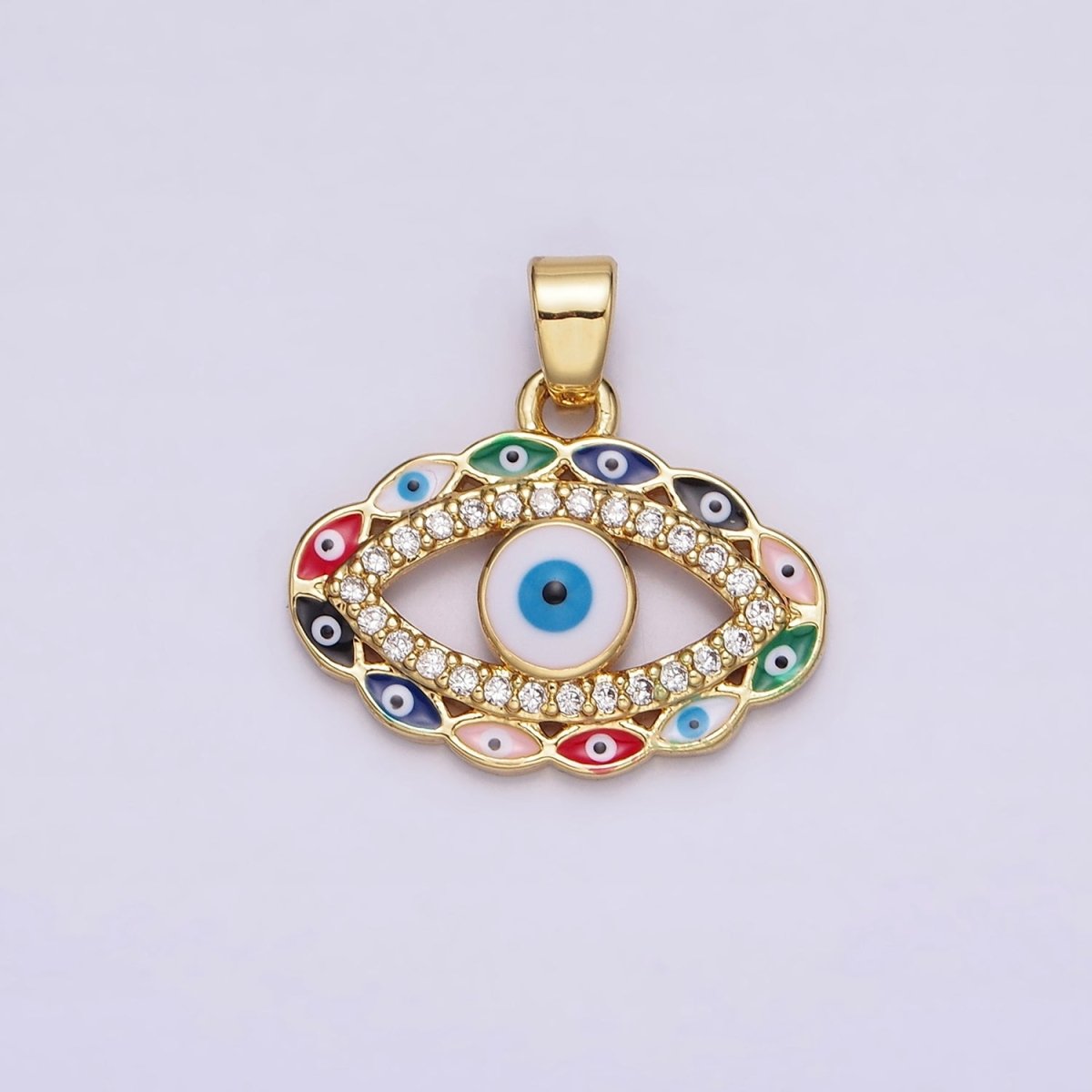 14K Gold plated Blue, Multicolor Evil Eye Open Micro Paved CZ Pendant | N1313 - DLUXCA