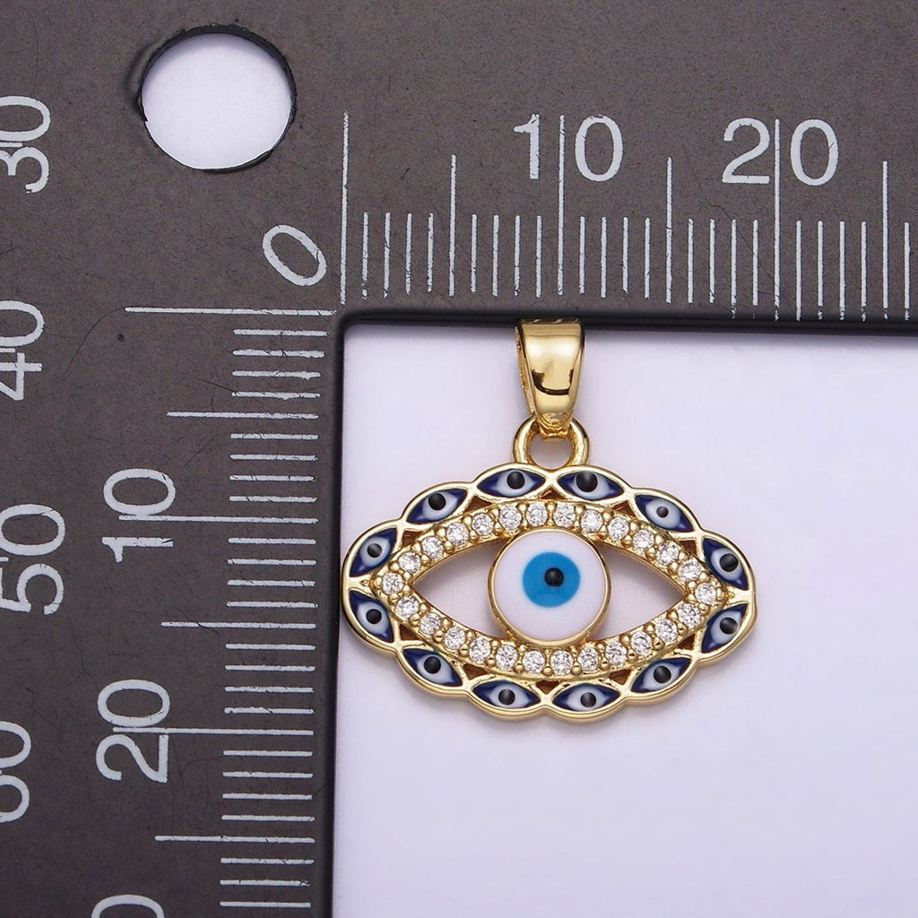 14K Gold plated Blue, Multicolor Evil Eye Open Micro Paved CZ Pendant | N1313 - DLUXCA