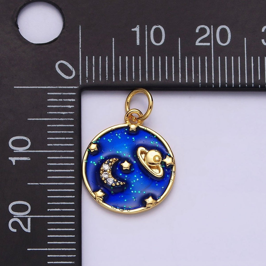 14K Gold plated Blue, Multicolor Pastel Enamel Galaxy Celestial Planet Stars Round Charm | AC1412 AC1413 - DLUXCA