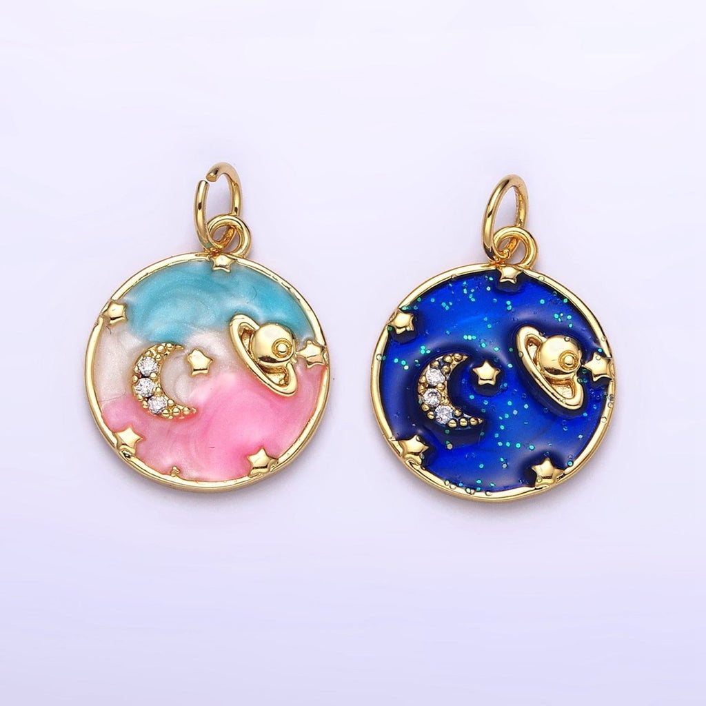 14K Gold plated Blue, Multicolor Pastel Enamel Galaxy Celestial Planet Stars Round Charm | AC1412 AC1413 - DLUXCA