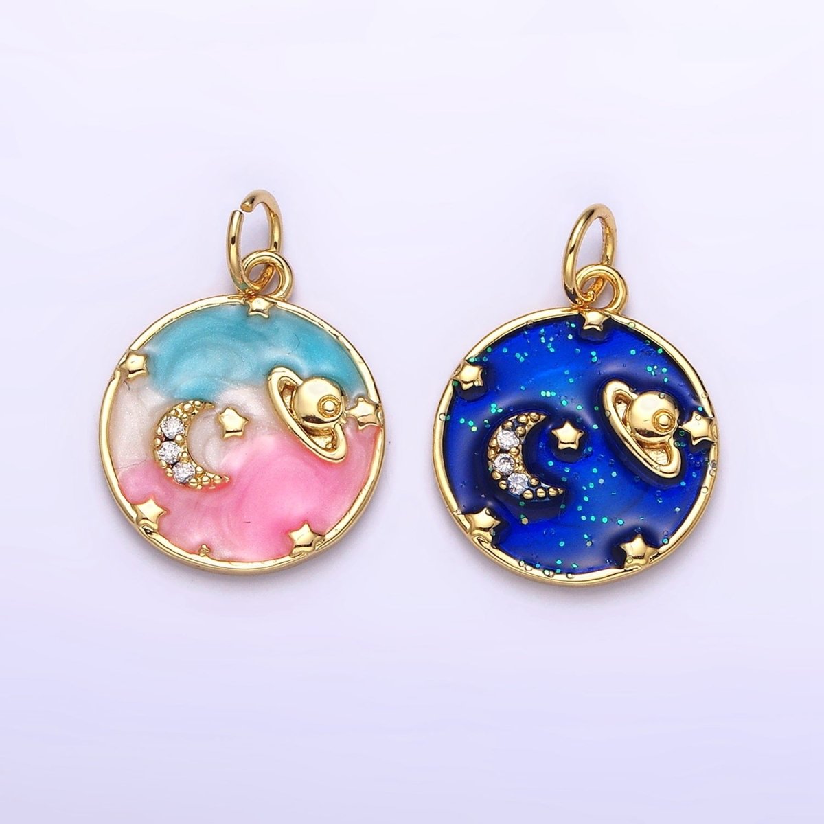 14K Gold plated Blue, Multicolor Pastel Enamel Galaxy Celestial Planet Stars Round Charm | AC1412 AC1413 - DLUXCA