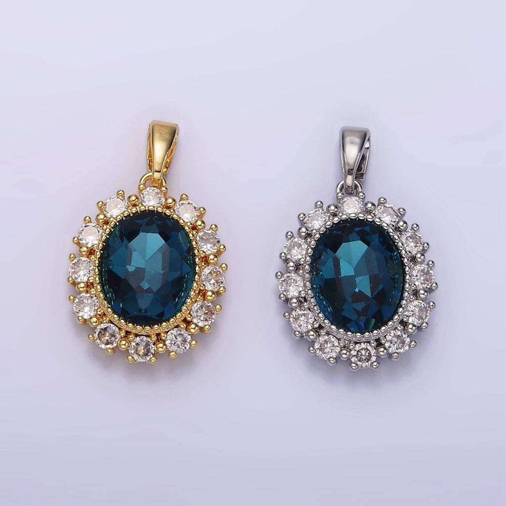 14K Gold plated Blue Multifaceted CZ Dotted Outlined Oval Pendant in Gold & Silver | N1800 N1801