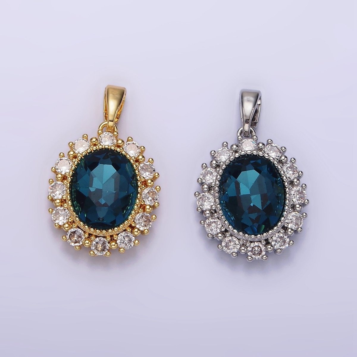 14K Gold plated Blue Multifaceted CZ Dotted Outlined Oval Pendant in Gold & Silver | N1800 N1801